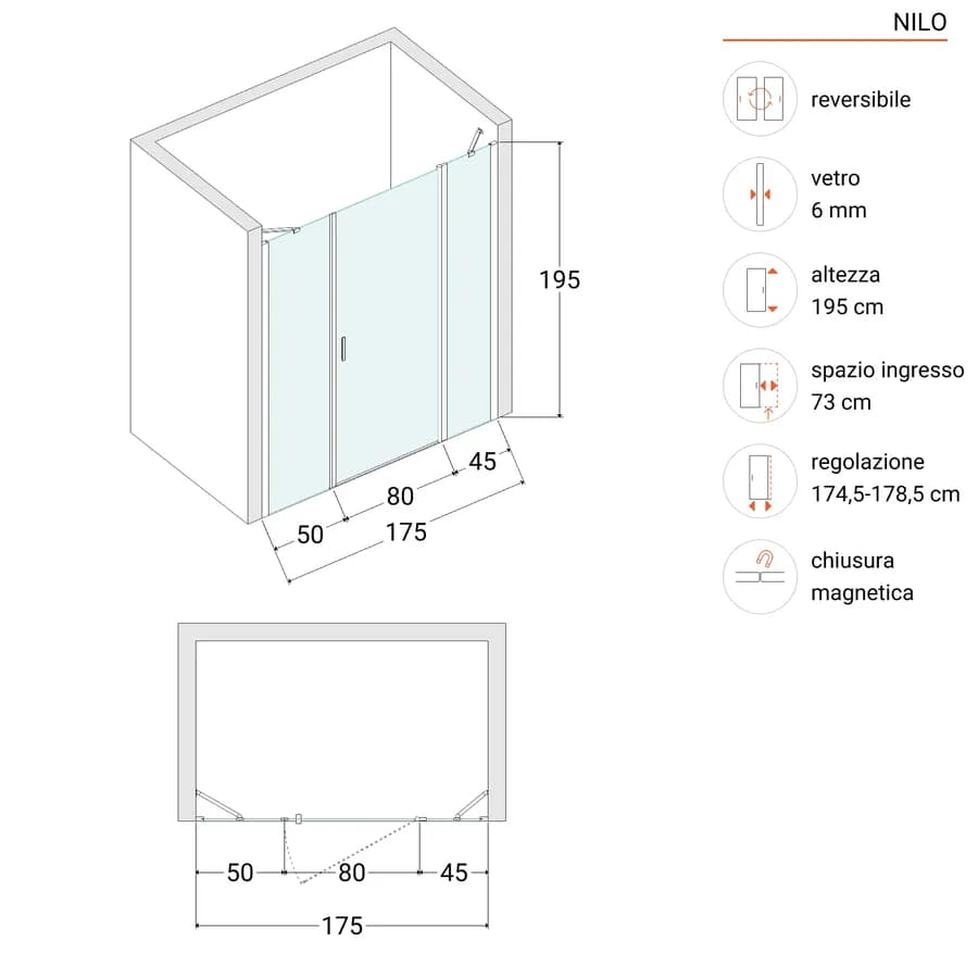 Box doccia nicchia 175 cm 45 giunto + 80 battente + 50 fisso con vetro temperato opaco e profilo cromo 195h - Nilo