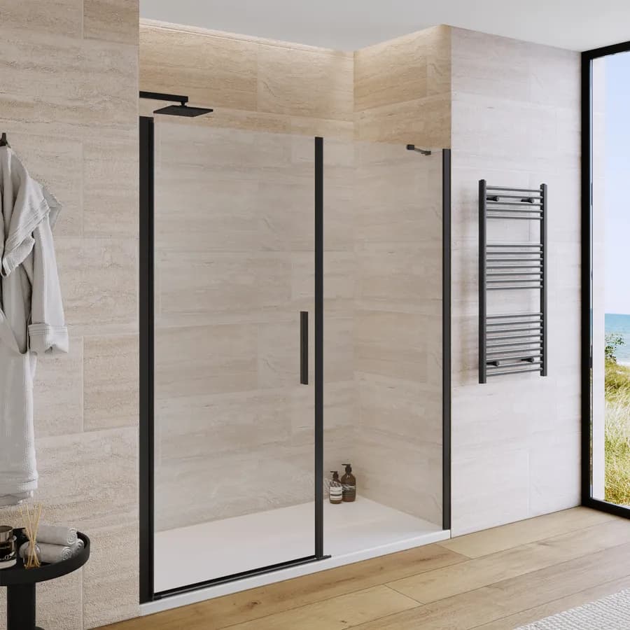 Box doccia nicchia 175 cm battente 95 cm e lato fisso con vetro temperato trasparente e profilo nero 190h - Nilo