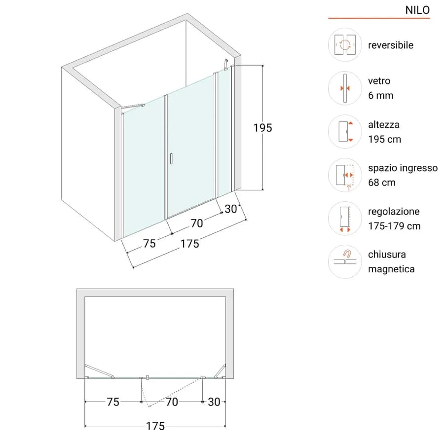 Box doccia nicchia 175cm 30 giunto + 80 battente + 75 fisso opaco 195h - Nilo