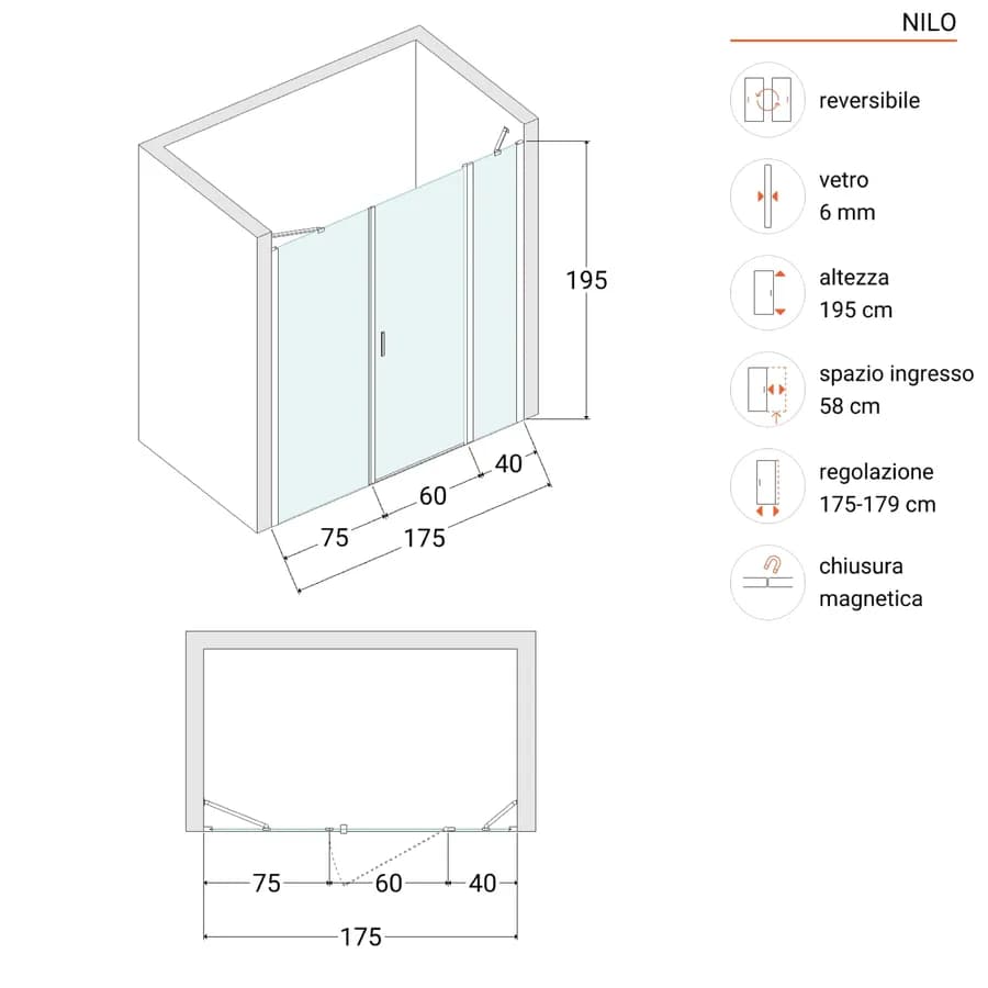 Box doccia nicchia 175cm 40 giunto + 70 battente + 75 fisso opaco 195h - Nilo