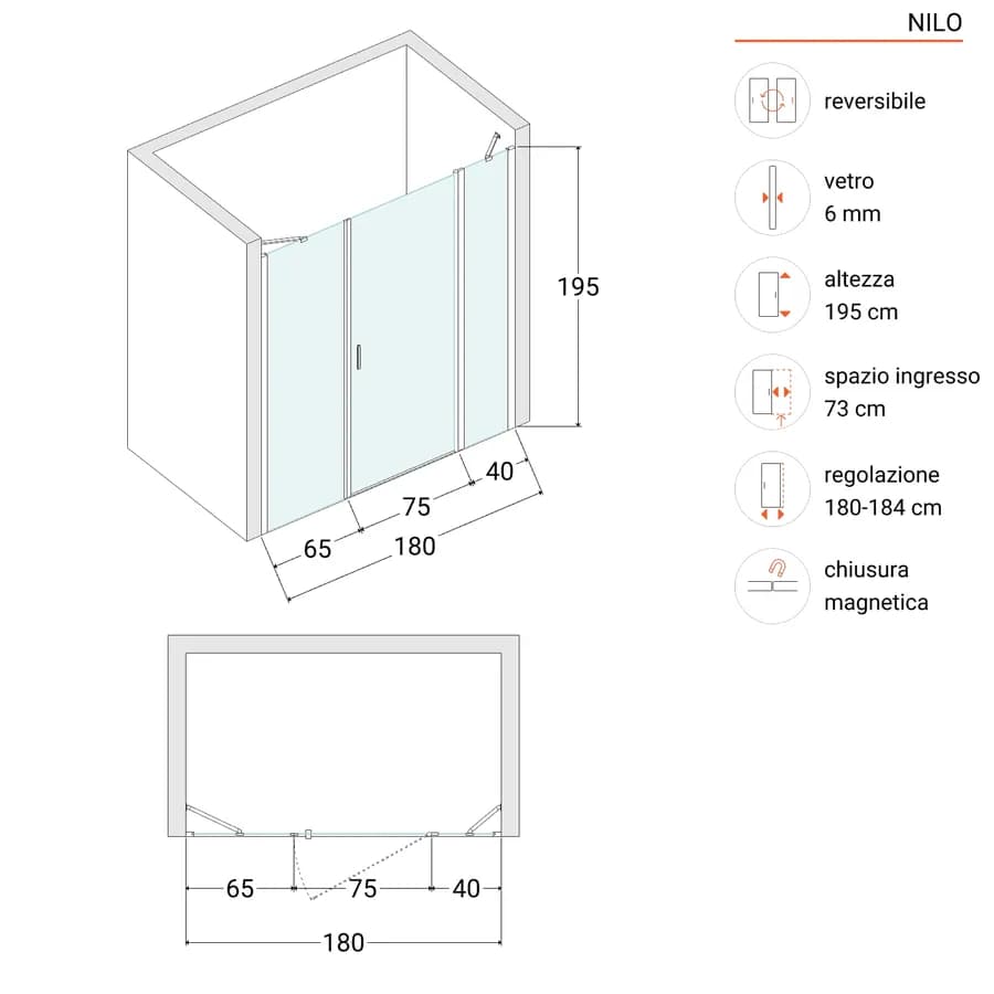 Box doccia nicchia 180 cm 40 giunto + 75 battente + 65 fisso con vetro temperato fumé e profilo cromo 195h - Nilo
