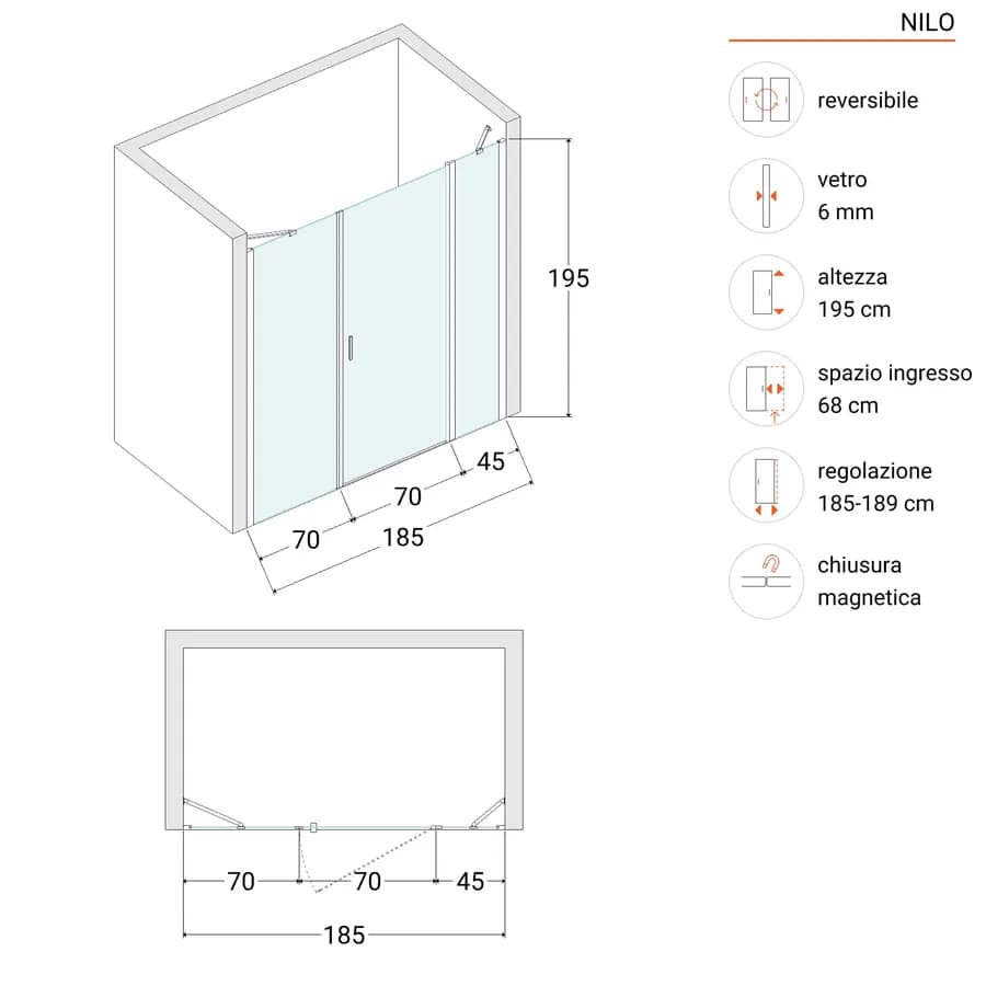 Box doccia nicchia 185 cm 45 giunto + 70 battente + 70 fisso con profilo nero 195h - Nilo