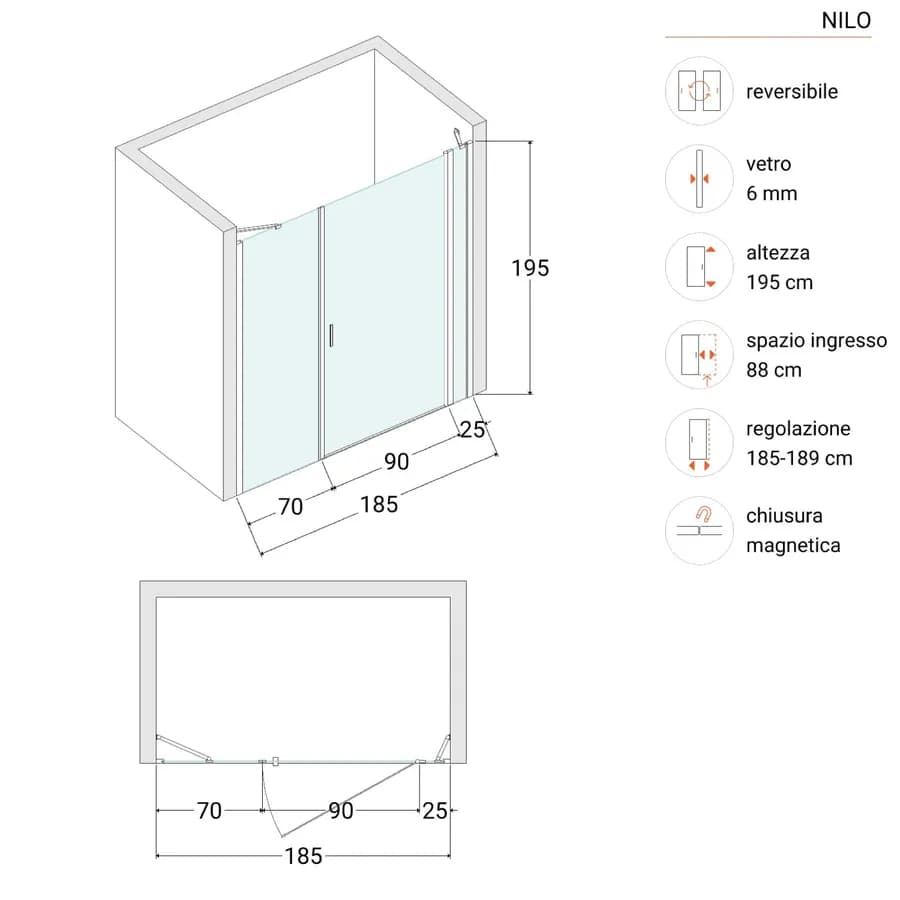 Box doccia nicchia 185cm 25 giunto + 100 battente + 70 fisso opaco 195h - Nilo