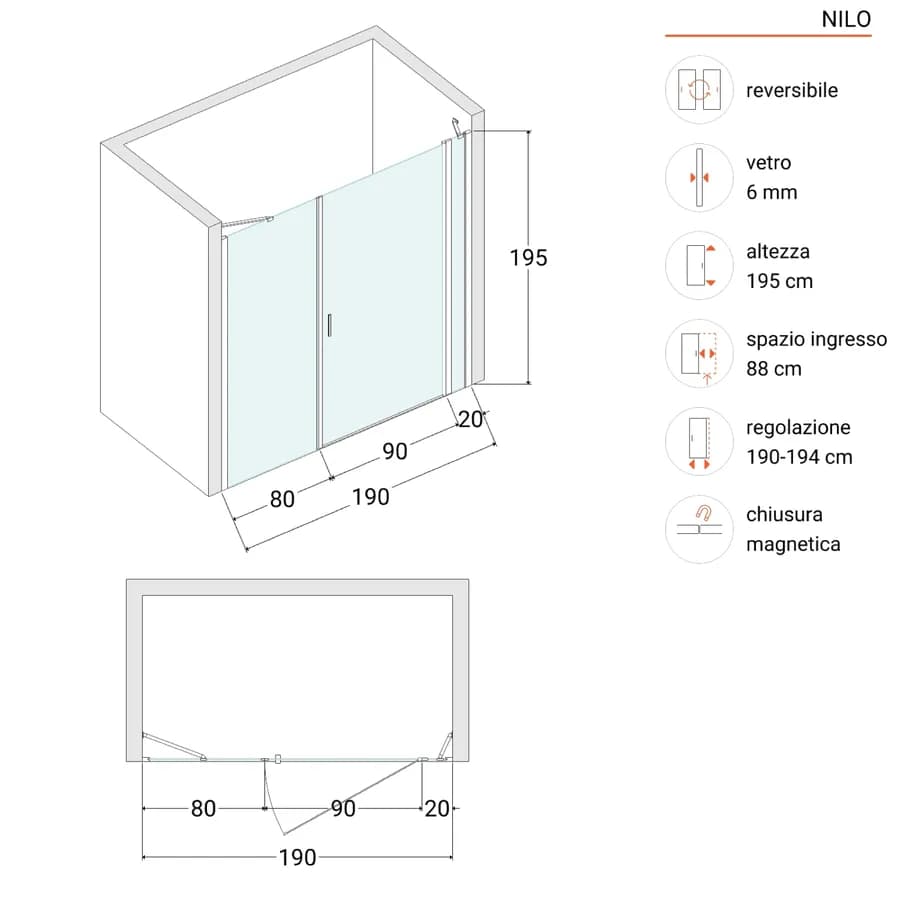 Box doccia nicchia 195 cm 20 giunto + 90 battente + 80 fisso trasparente 195h - Nilo