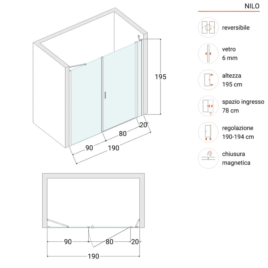 Box doccia nicchia 190cm 20 giunto + 80 battente + 90 fisso trasparente 195h - Nilo
