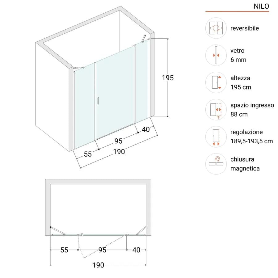 Box doccia nicchia 190cm 40 giunto + 100 battente + 55 fisso opaco 190h - Nilo