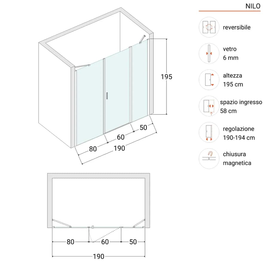 Box doccia nicchia 190cm 50 giunto + 60 battente + 80 fisso opaco 195h - Nilo