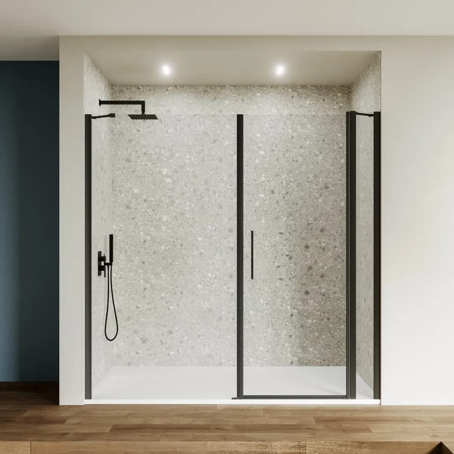 Box doccia nicchia 200 cm 25 giunto + 75 battente + 100 fisso con vetro temperato trasparente e profilo nero opaco 195h - Nilo