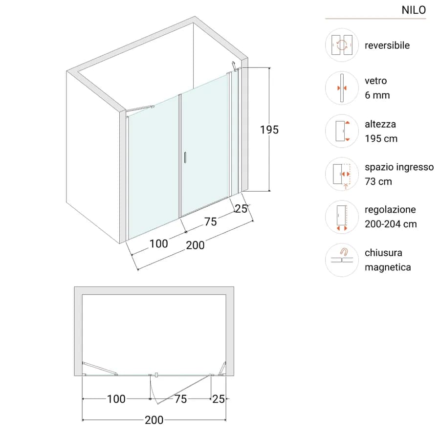 Box doccia nicchia 200 cm 25 giunto + 75 battente + 100 fisso con vetro temperato trasparente e profilo nero opaco 195h - Nilo