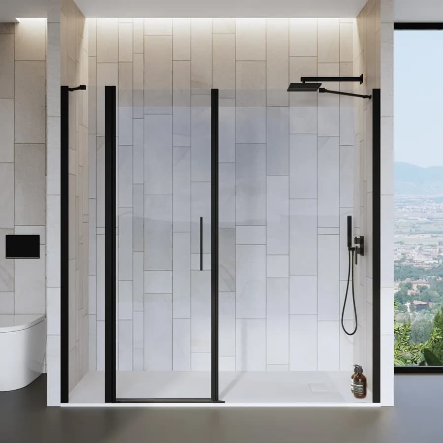 Box doccia nicchia 200 cm 30 giunto + 70 battente + 100 fisso con profilo nero 195h - Nilo