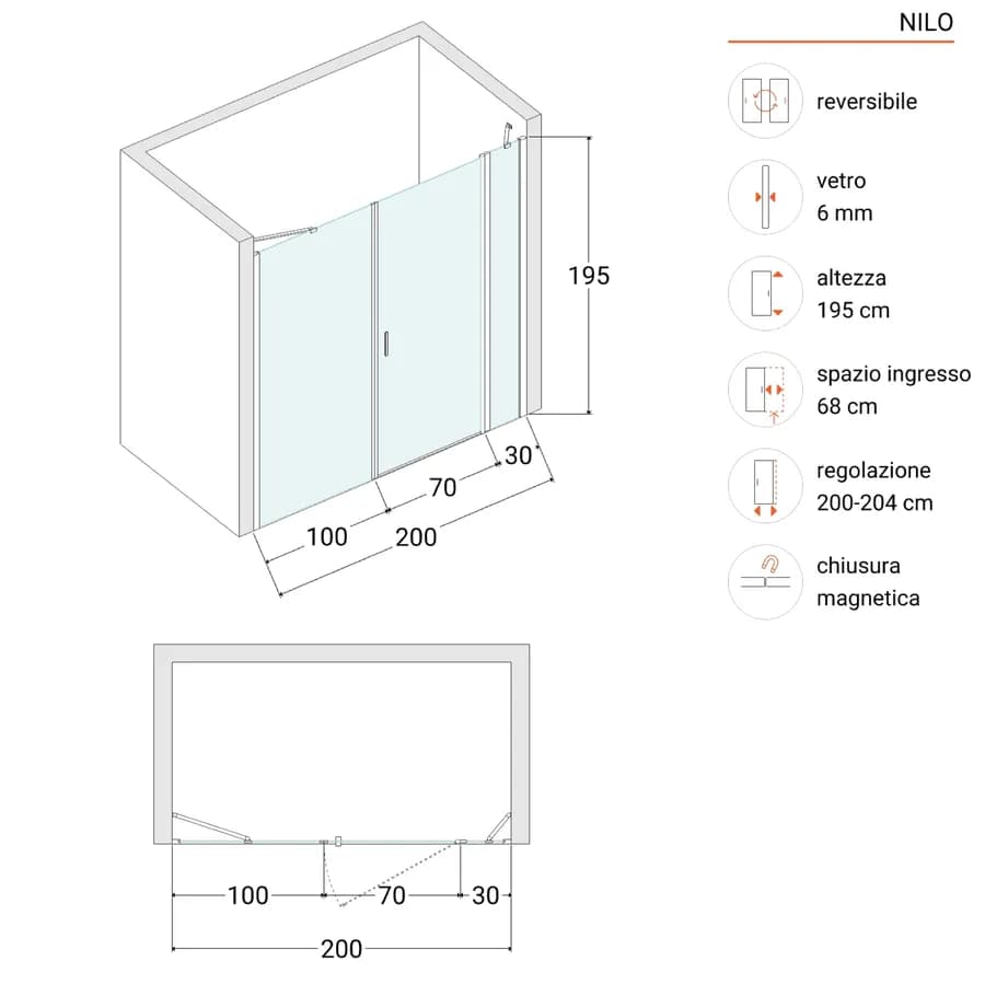 Box doccia nicchia 200 cm 30 giunto + 70 battente + 100 fisso con profilo nero 195h - Nilo