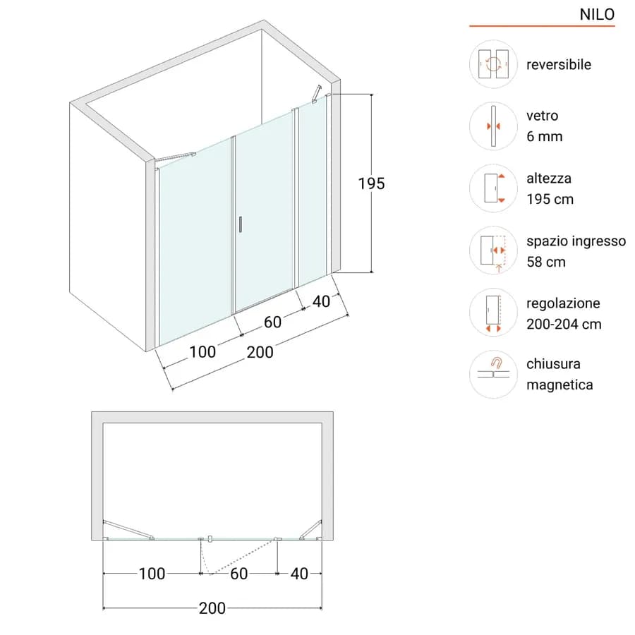 Box doccia nicchia 200 cm 40 giunto + 60 battente + 100 fisso con profilo nero 195h - Nilo