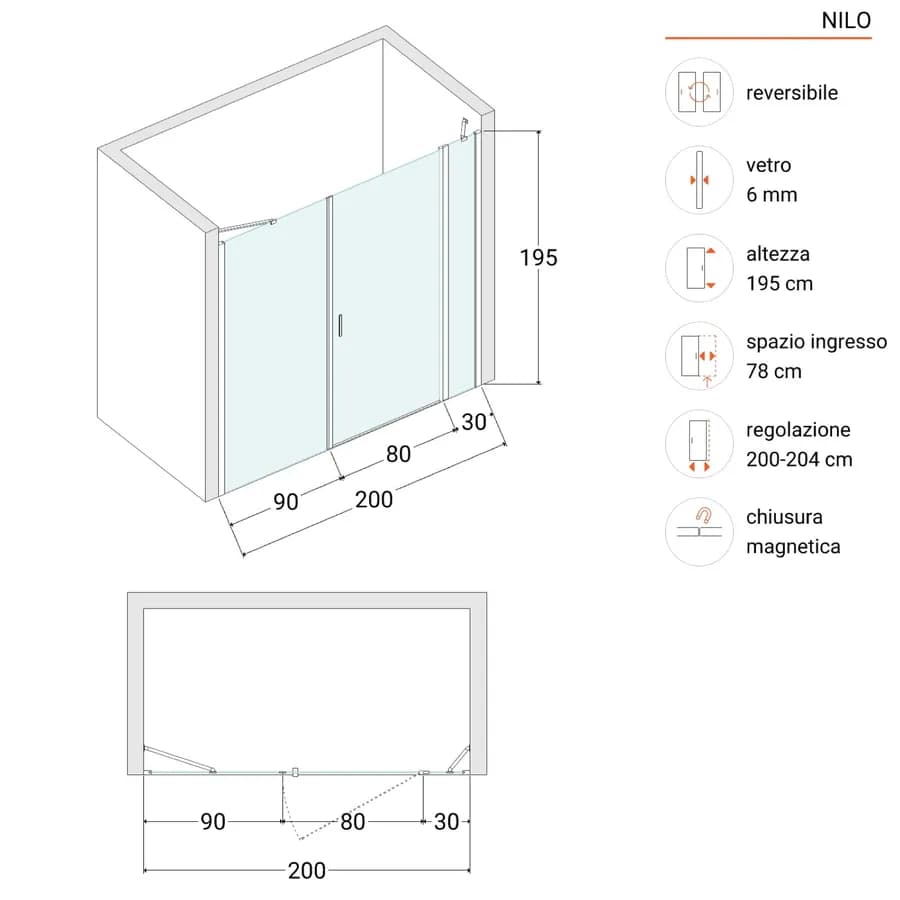 Box doccia nicchia 200cm 30 giunto + 90 battente + 90 fisso opaco 195h - Nilo