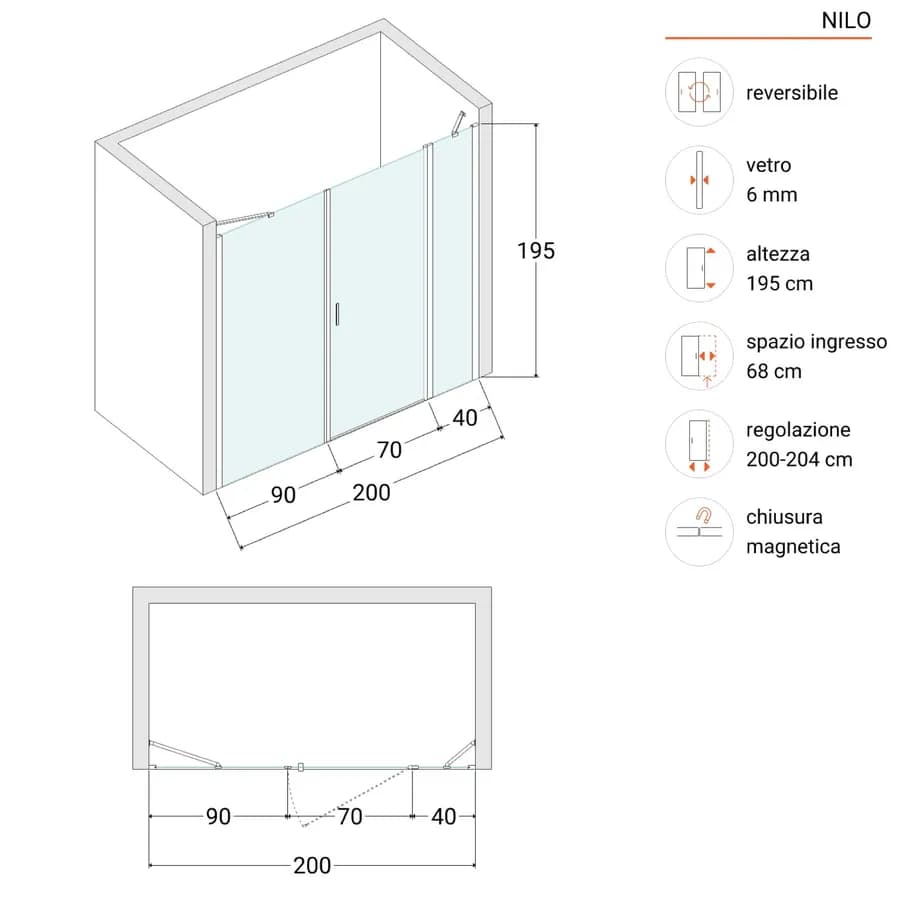 Box doccia nicchia 200cm 40 giunto + 80 battente + 90 fisso trasparente 195h - Nilo