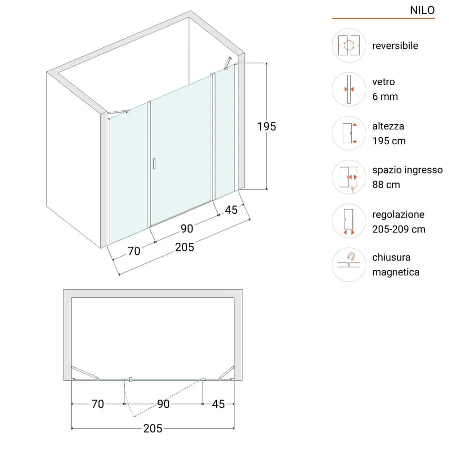 Box doccia nicchia 205 cm 45 giunto + 90 battente + 70 fisso con profilo nero 195h - Nilo