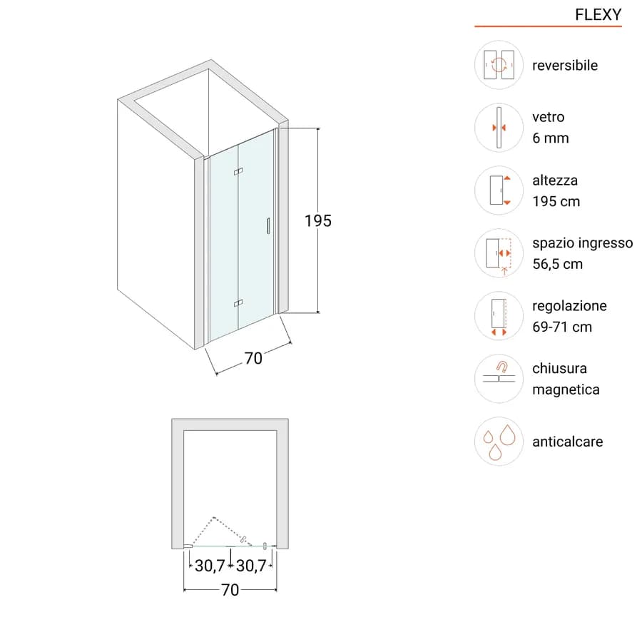 Box doccia nicchia 70 cm soffietto vetro anticalcare fumè e profilo cromo 195h - Flexy