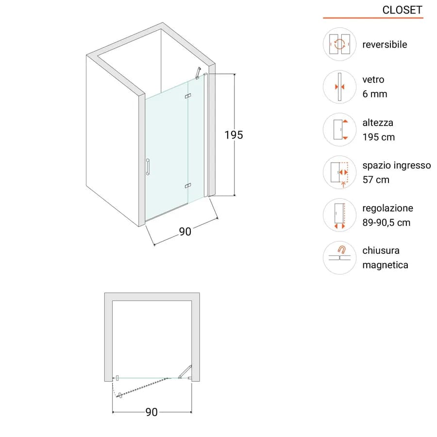 Nicchia battente 90 cm vetro temperato anticalcare 195h - Closet