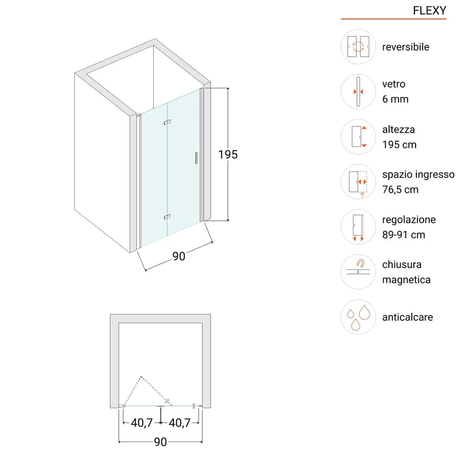 Box doccia nicchia 90 cm soffietto vetro anticalcare opaco e profilo cromo 195h - Flexy