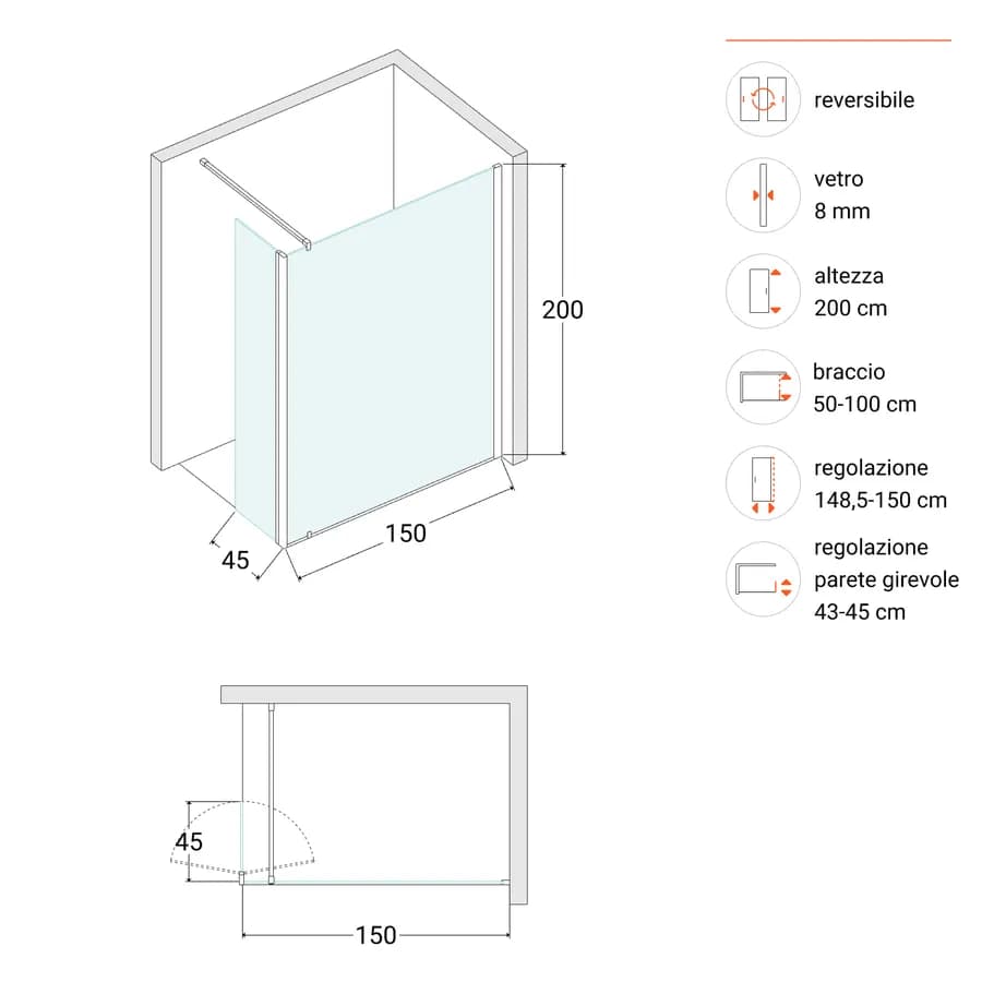 Box doccia parete walk in 150 cm + anta girevole 45 cm anticalcare trasparente - Keep