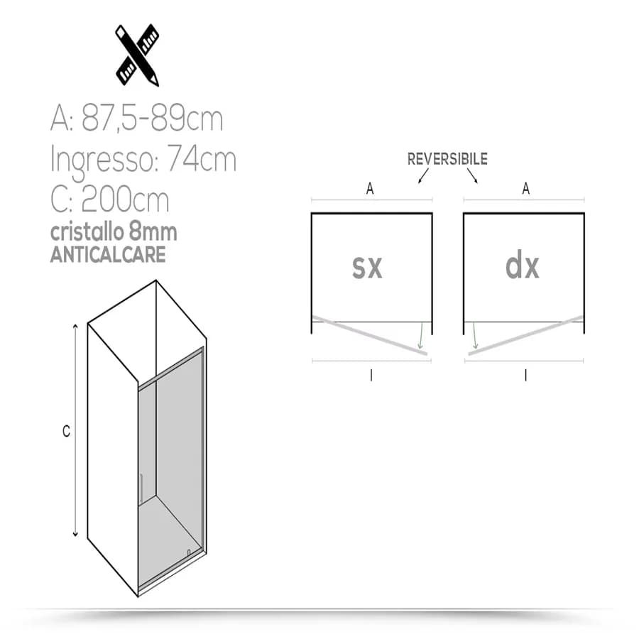 Box doccia per nicchia 90 cm porta battente 200h cm in cristallo 8mm trasparente anticalcare