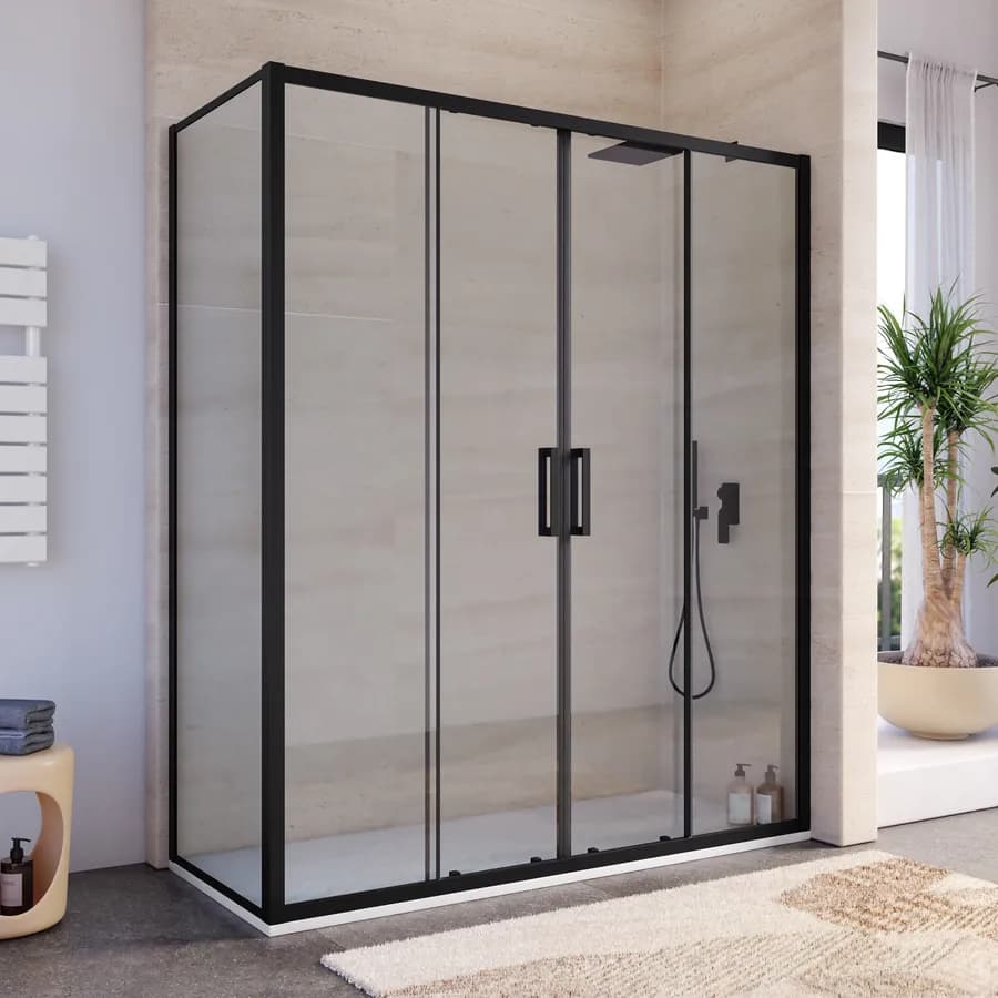 Box doccia profilo nero 70x160 anticalcare fisso + porta scorrevole 4 ante 200h - Naomi