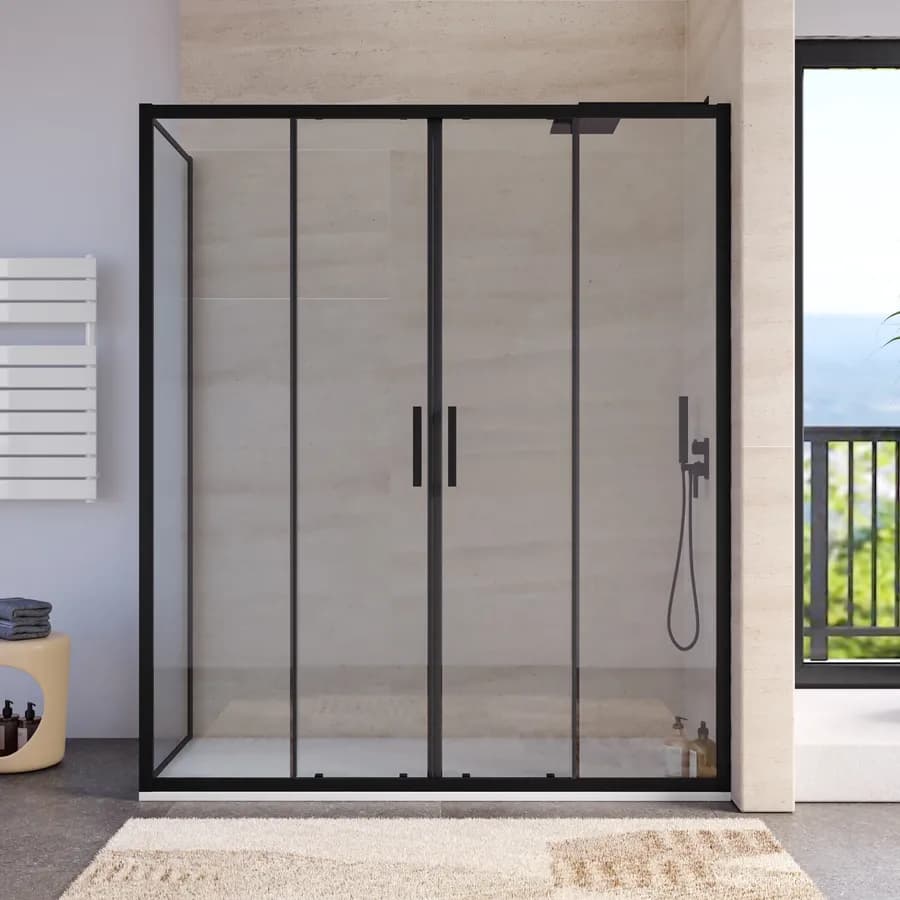 Box doccia profilo nero 70x160 anticalcare fisso + porta scorrevole 4 ante 200h - Naomi