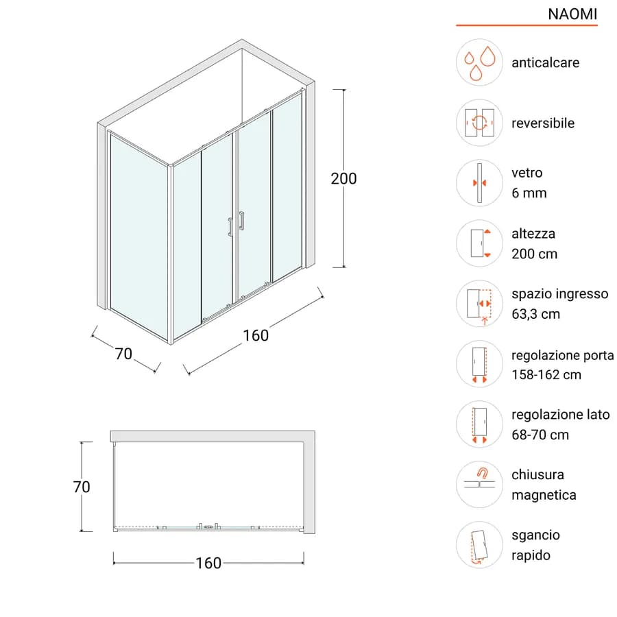 Box doccia profilo nero 70x160 anticalcare fisso + porta scorrevole 4 ante 200h - Naomi