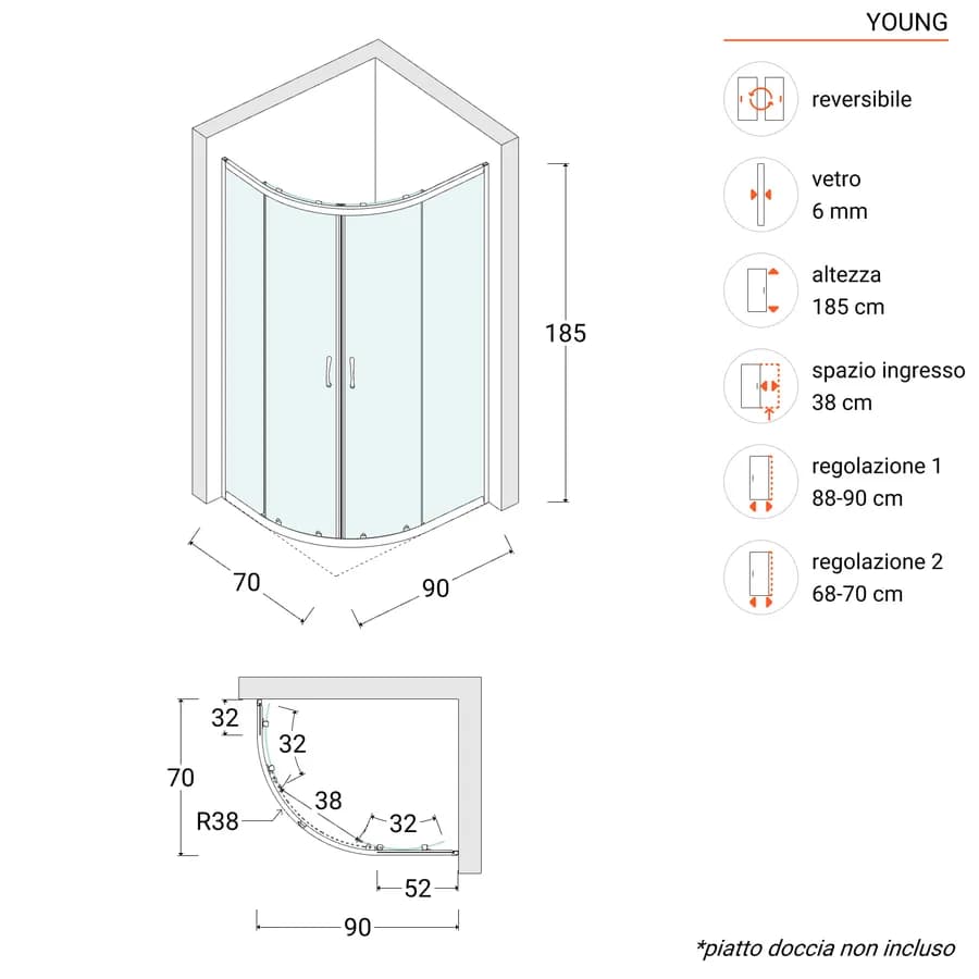 Box doccia semicircolare 70x90 cm in vetro trasparente e profilo nero 185h - Young