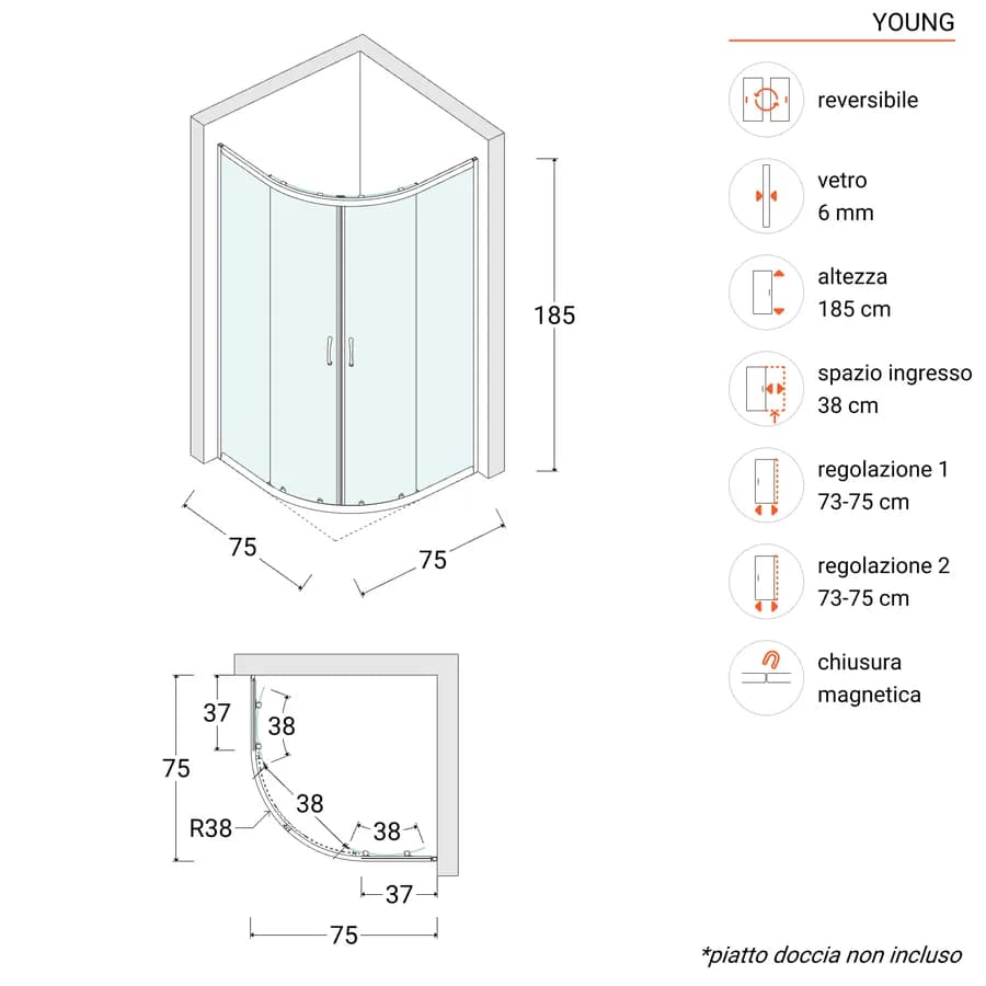 Box doccia semicircolare 75x75 cm in vetro temperato 6 mm trasparente 185h con profilo nero - Young