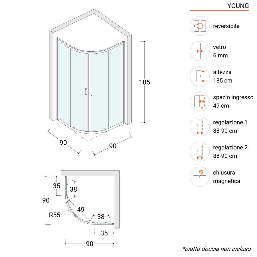 Box doccia semicircolare 90x90 cm in vetro trasparente e profilo nero 185h - Young