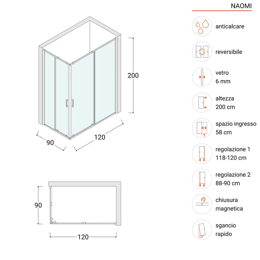 Box doccia telaio nero 90x120 con apertura angolare scorrevole anticalcare 200h - Naomi