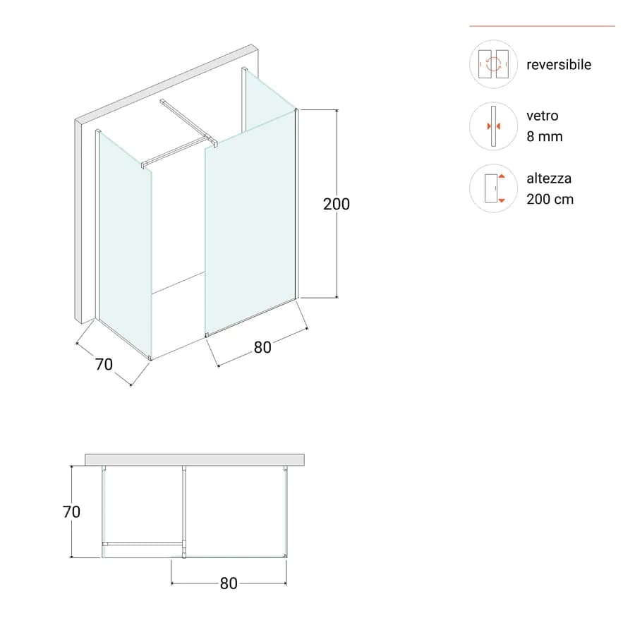 Box doccia tre lati vetro temperato fume anticalcare 70x80x70 reversibile 200h - Keep