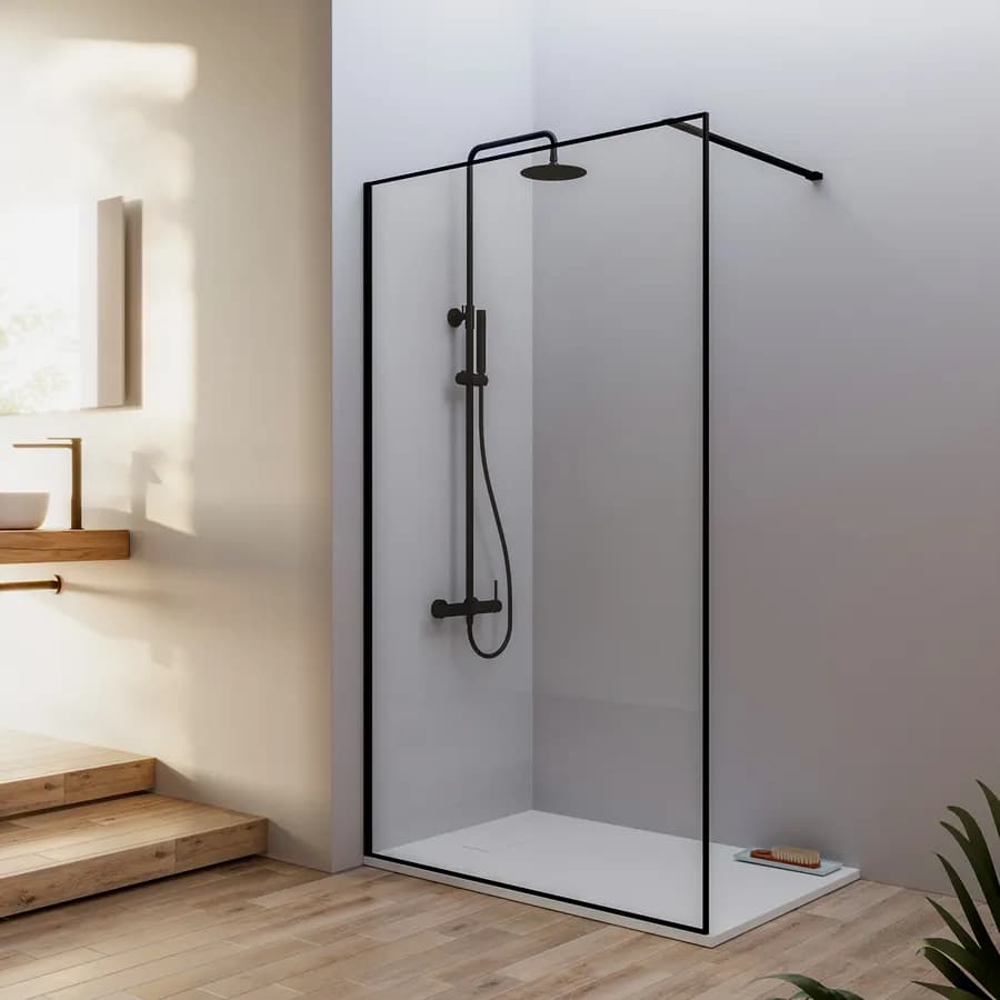 Box doccia Walk in frame 100 cm vetro anticalcare trasparente e profilo nero opaco 200h - Deline