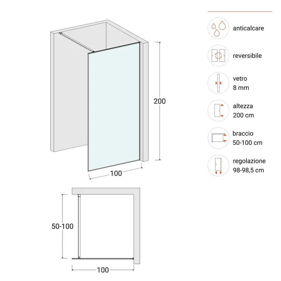 Box doccia Walk in frame 100 cm vetro anticalcare trasparente e profilo nero opaco 200h - Deline
