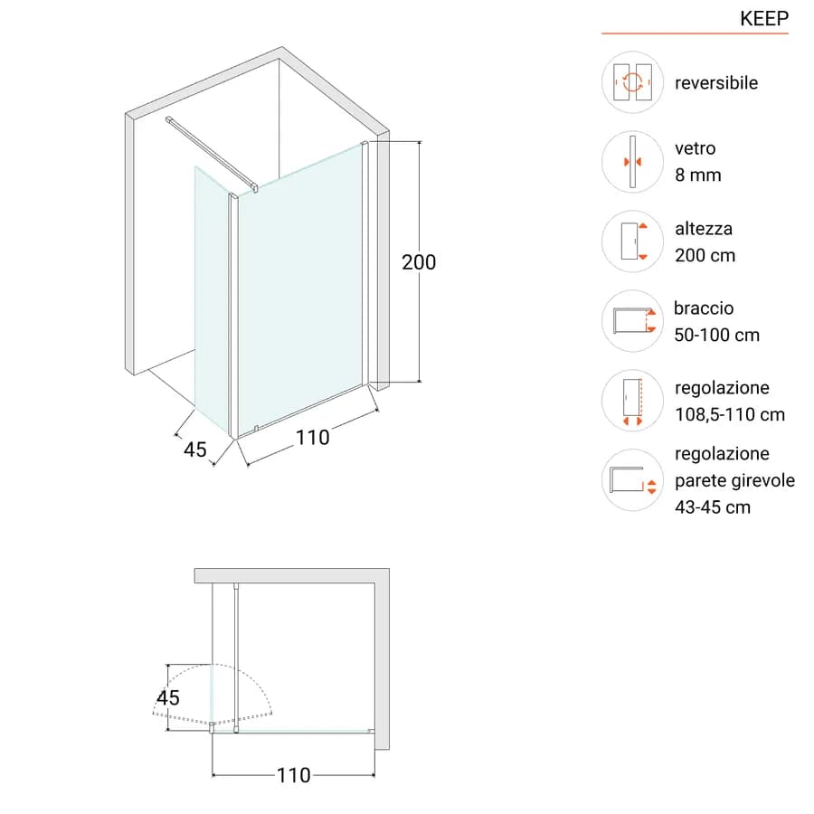 Box doccia Walk In 110 cm in vetro temperato fumè anticalcare e anta girevole 45 cm - Keep