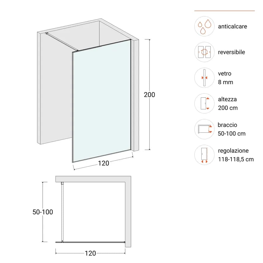 Box doccia Walk in frame 120 cm vetro anticalcare trasparente e profilo oro spazzolato 200h - Deline