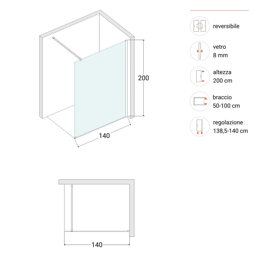 Box doccia Walk in 140 cm vetro anticalcare bronzato e profilo cromo 200h - Keep