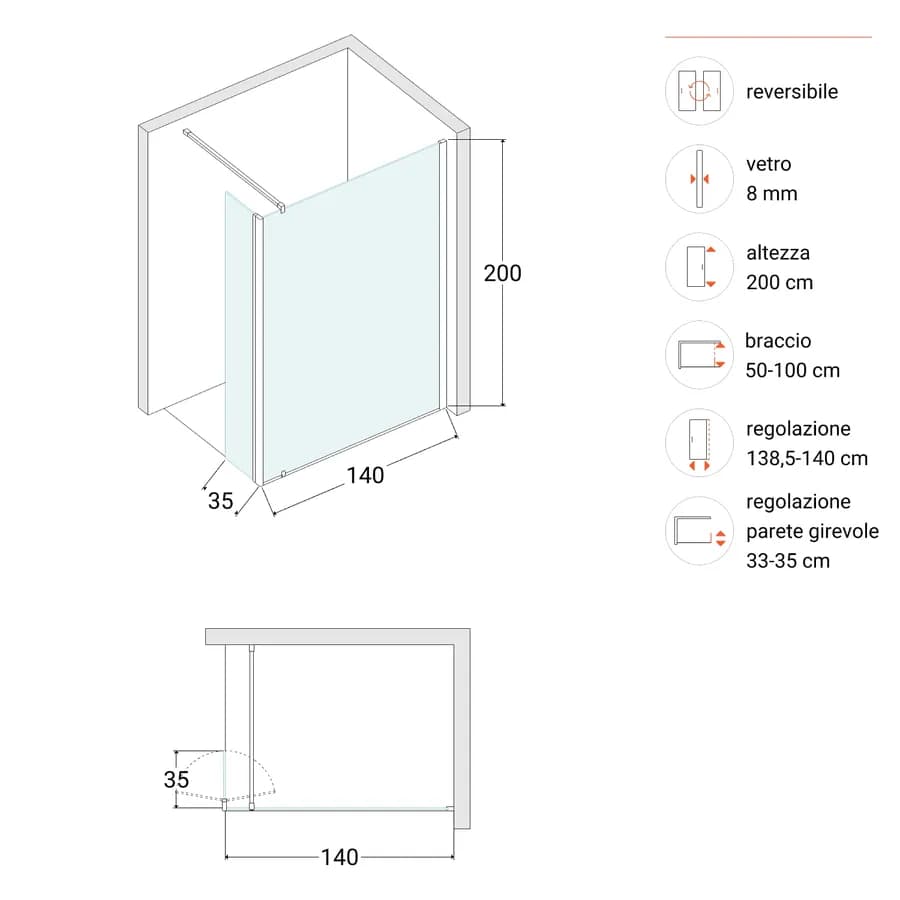 Box doccia walk in 140cm + anta girevole 35cm vetro temperato anticalcare trasparente - Keep