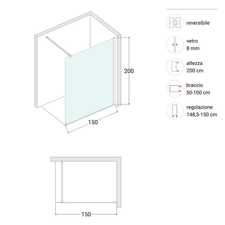 Box doccia Walk in 150 cm vetro anticalcare specchiato e profilo cromo 200h - Keep