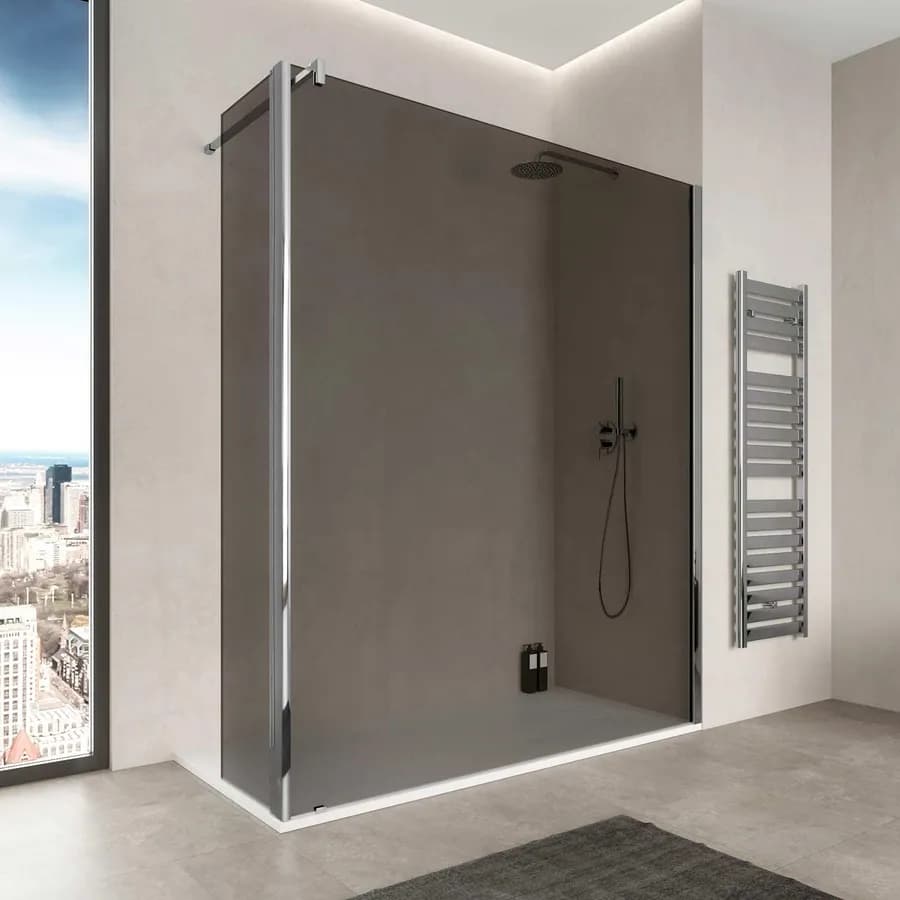 Box doccia Walk In 160 cm in vetro temperato fumè anticalcare e anta girevole 45 cm - Keep