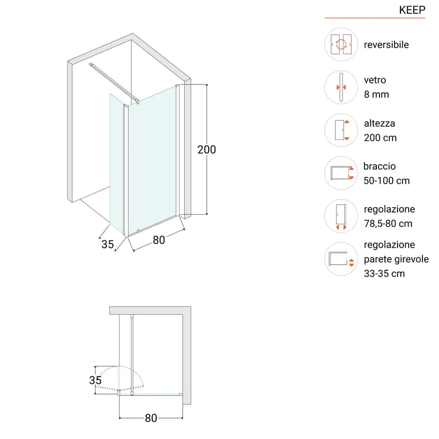 Box doccia Walk In 80 cm in vetro temperato fumè anticalcare e anta girevole 35 cm - Keep