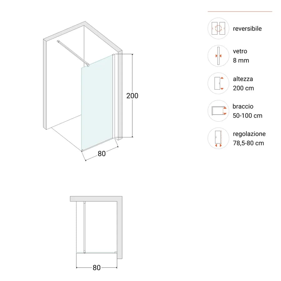 Box doccia Walk in 80 cm vetro anticalcare fumè e profilo bronzo 200h - Keep