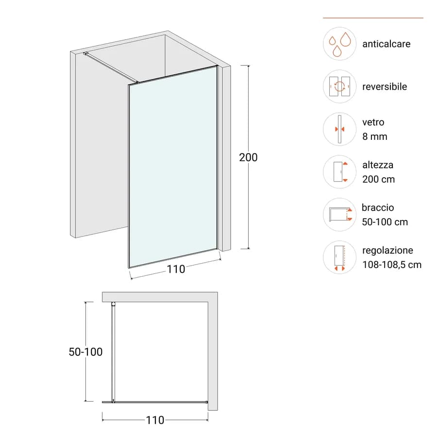 Box doccia Walk in frame 110 cm vetro anticalcare trasparente e profilo cromo 200h - Deline
