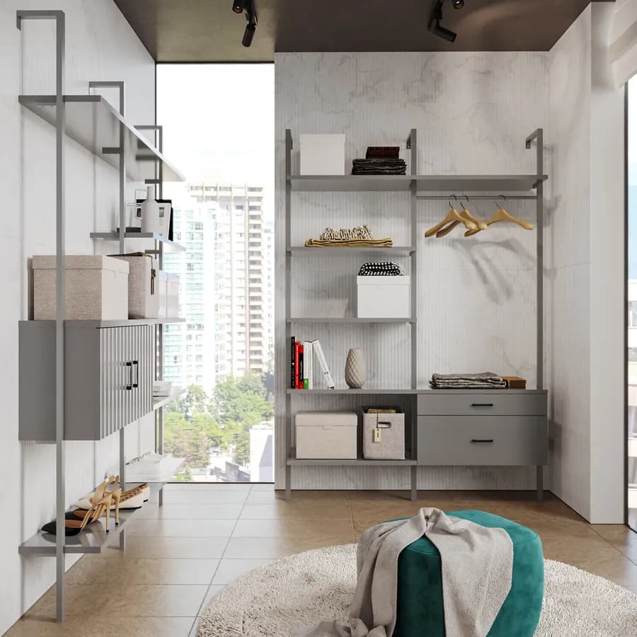 Cabina armadio 149x216h cm con mensole e 2 cassetti con soft close antracite e dettagli nero opaco - Kreativo