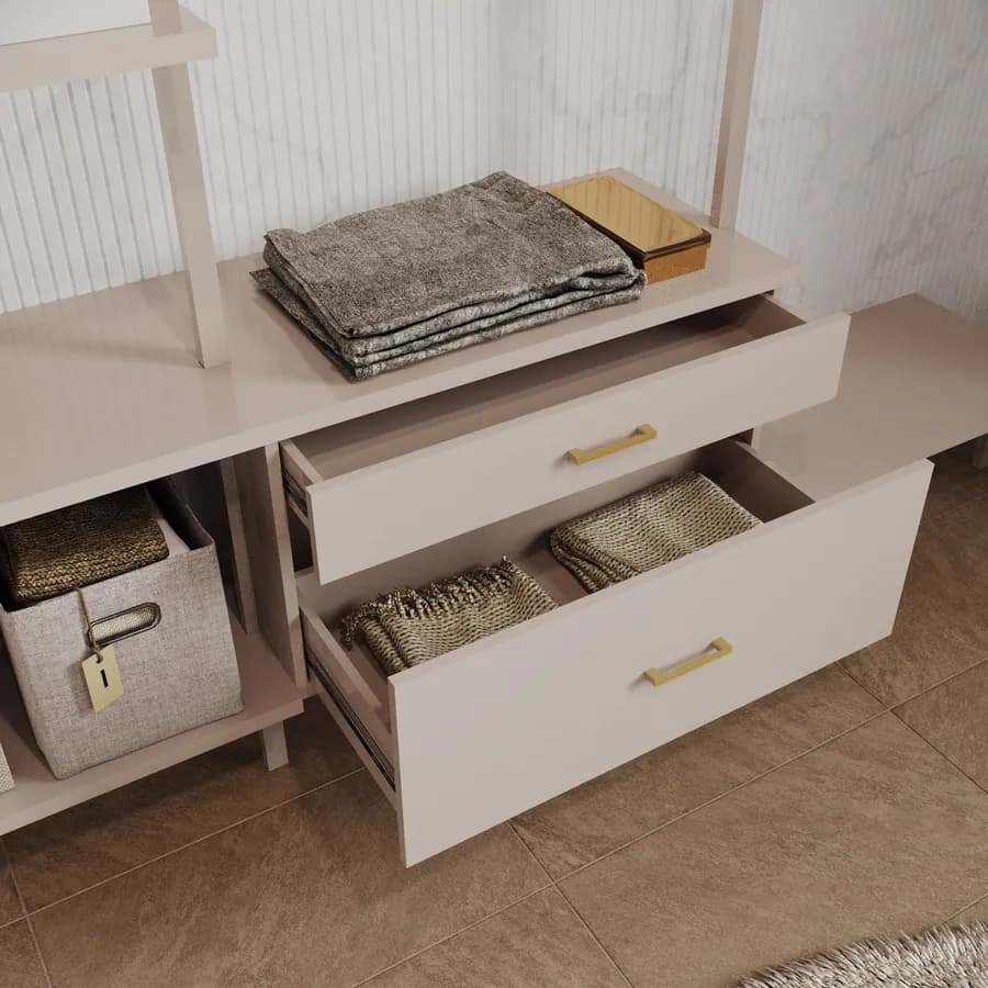 Cabina armadio 222x216h cm con mensole e 2 cassetti con soft close cashmere dettagli oro opaco - Kreativo