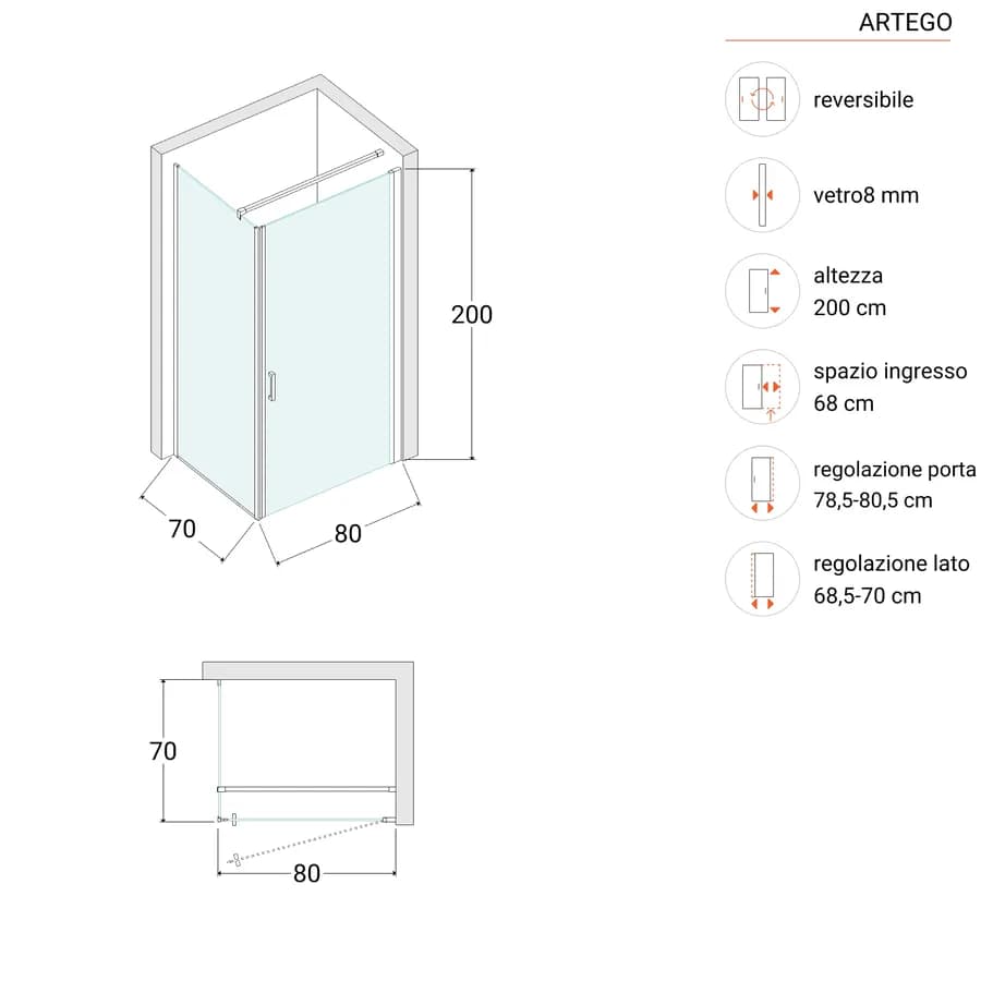 Box doccia 70X80 cm battente con vetro anticalcare trasparente e profilo cromo 200h - Artego