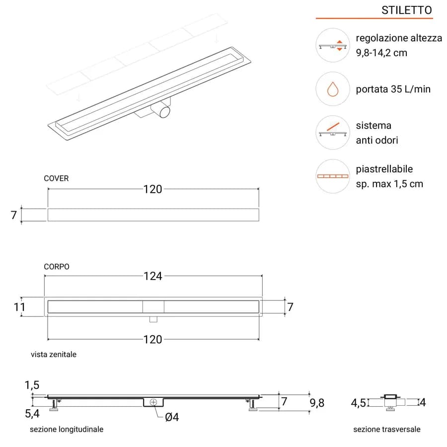 Canalina doccia 120 cm cover piastrellabile in acciaio inox - Stiletto