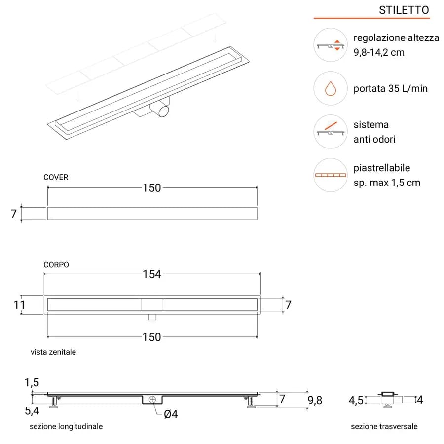 Canalina doccia 150 cm cover piastrellabile in acciaio inox - Stiletto