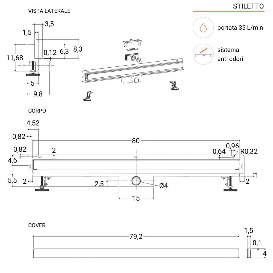 Canalina doccia a parete 80 cm in acciaio inox - Stiletto