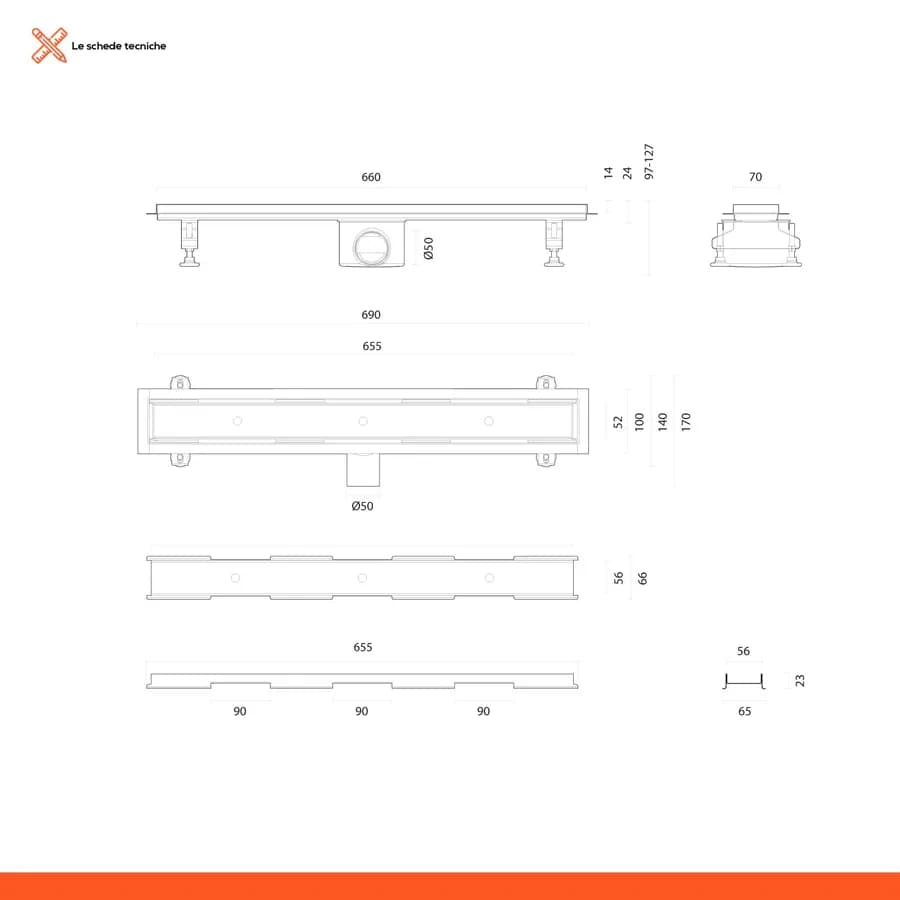 Canalina doccia rettangolare acciaio inox 70 cm cover piastrellabile